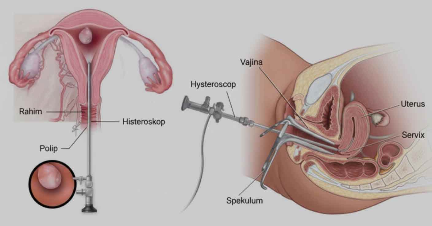Histeroskopi işlemi sırasında ucunda kamera olan ince histeroskop vajinal yoldan rahim boşluğuna yerleştirilir ve endometrium doğrudan incelenir
